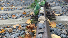 Foto von den Schienen beim Gedenkort Güterbahnhof Moabit auf denen einige Steine in Andenken an die Ermordeten liegen. Im Hintergrund sind die Gedenkkränze und einzelne weiße Rosen zu sehen.