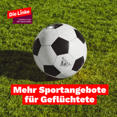 sportangebote für geflüchtete Foto eines Fußballs auf Rasen. Darunter steht „Sportangebote für Geflüchtete“