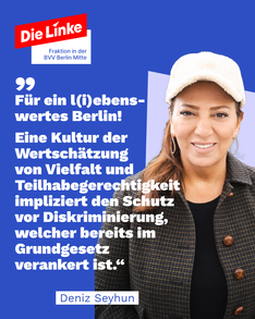 diversity day deniz Zitatbild mit Deniz Seyhun, diversitätspolitischer Sprecherin. Dort steht „Für ein l(i)ebenswertes Berlin! Eine Kultur der Wertschätzung von Vielfalt und Teilhabegerechtigkeit impliziert den Schutz vor Diskriminierung, welcher bereits im Grundgesetz verankert ist.
