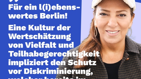 diversity day deniz Zitatbild mit Deniz Seyhun, diversitätspolitischer Sprecherin. Dort steht „Für ein l(i)ebenswertes Berlin! Eine Kultur der Wertschätzung von Vielfalt und Teilhabegerechtigkeit impliziert den Schutz vor Diskriminierung, welcher bereits im Grundgesetz verankert ist.