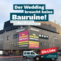signa leo Grafik mit einem Bild vom Karstadt am Leopoldplatz an dem Ausverkaufsbanner hängen. Über dem Gebäude steht als Grafiktext „Der Wedding braucht keine Bauruine!“ und kleiner darunter „Stoppt Pleite-SIGNAs Bebauungsplanverfahren.“