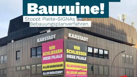 signa leo Grafik mit einem Bild vom Karstadt am Leopoldplatz an dem Ausverkaufsbanner hängen. Über dem Gebäude steht als Grafiktext „Der Wedding braucht keine Bauruine!“ und kleiner darunter „Stoppt Pleite-SIGNAs Bebauungsplanverfahren.“