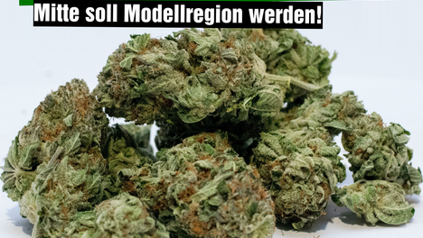 sharepic cannabis variante Ein Stockfoto von einigen Gramm Cannabis. Dadrüber steht in einer Textbox „Cannabis-Legalisierung? Mitte soll Modellregion werden!“