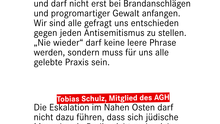 "Der Kampf gegen Antisemitismus ist eine gesamtgesellschaftliche Aufgabe und darf nicht erst bei Brandanschlägen und progromartiger Gewalt anfangen. Wir sind alle gefragt uns entschieden gegen jeden Antisemitismus zu stellen. „Nie wieder“ darf keine leere Phrase werden, sondern muss für uns alle gelebte Praxis sein." "Die Eskalation im Nahen Osten darf nicht dazu führen, dass sich jüdische Menschen in Berlin nicht mehr sicher fühlen."