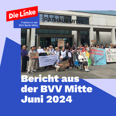 bericht aus der juni 24 bvv post Grafik zum Bericht aus der BVV Mitte für Juni 2024. Vor einem blauen Hintergrund ist ein Foto vom Protest für den Erhalt der Friedensstatue Ari vor dem Rathaus Mitte zu sehen. Viele Menschen stehen dort mit Schildern und Bannern, die den Erhalt der Statue fordern. In der Mitte sitzt eine Plastikversion der Ari auf einem Stuhl.