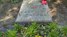Foto: Der Gedenkstein in der Seestraße. Auf dem steht: „Hier ruhen 295 Opfer der Nationalsozialistischen Diktatur“. Rote Rosen und ein Blumenkranz aus roten Rosen und anderen roten Blüten wurden auf dem Stein abgelegt, dafür blühen in einem kleinem Beet Frühlingsblumen.