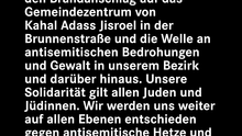 Wir sind zutiefst bestürzt über den versuchten Brandanschlag auf das Gemeindezentrum von Kahal Adass Jisroel in der Brunnenstraße und die Welle an antisemitischen Bedrohungen und Gewalt in unserem Bezirk und darüber hinaus. Unsere Solidarität gilt allen Juden und Jüdinnen. Wir werden uns weiter auf allen Ebenen entschieden gegen antisemitische Hetze und Gewalt einsetzen.
