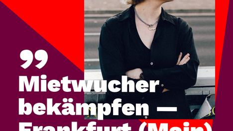 martha mietwucher Zitatgrafik. Zu sehen ist ein Portraitfoto der wohnungspolitischen Sprecherin Martha Kleedörfer vor einem roten grafisch gestalteten Hintergrund. Als Zitat steht dort: „Mietwucher bekämpfen – Frankfurt (Main) macht’s vor!“