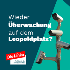 Grafik. Rechts sind Überwachungskameras zu sehen. Links steht: „Wieder Überwachung auf dem Leopoldplatz?“