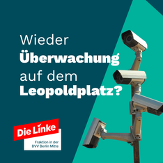 sharepic leopold kameras webseite Grafik. Rechts sind Überwachungskameras zu sehen. Links steht: „Wieder Überwachung auf dem Leopoldplatz?“