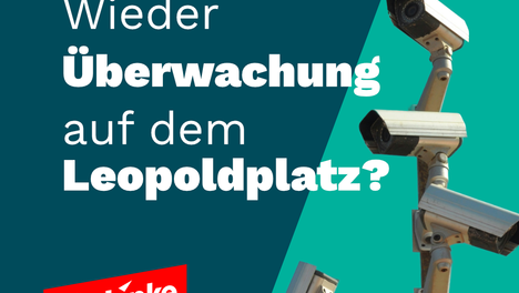 Grafik. Rechts sind Überwachungskameras zu sehen. Links steht: „Wieder Überwachung auf dem Leopoldplatz?“