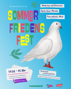 Poster mit der Einladung zum Sommerfriedensfest der Volkssolidarität und der Linksfraktion Berlin Mitte. Die Veranstaltung findet am Samstag, den 31. August ab 15 Uhr im Kinderzentrum Ottokar in der Schmidtstraße 8 statt. Der Eintritt ist frei. 