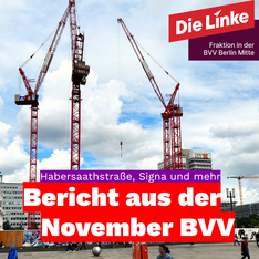 Foto von der Covivo Baustelle am Alexanderplatz. Darunter steht: Habersaathstraﬂe, Signa und mehr. Bericht aus der November BVV