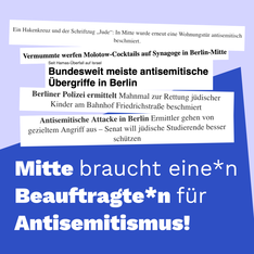 beauftragte antisemitismus sharepic variante Eine Sammlung von Schlagzeilen zu antisemitischen Vorfällen in Berlin Mitte in den letzten Monaten. Darunter steht „Mitte braucht eine*n Antisemitismusbeauftragte*n!“
