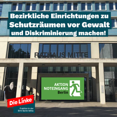 aktion noteingang Foto vom Haupteingang des Rathaus Mitte. Auf der Eingangstür ist groß das Logo der Aktion Noteingang Mitte abgebildet. Darüber steht „Bezirkliche Einrichtungen zu Schutzräumen vor Gewalt und Diskriminierung machen!“