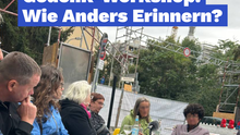 Foto des Workshops „Anders erinnern“ auf dem Gelände des Hauses der Statistik. Als Überschrift wurde eingefügt: „Ehemaliges Jüdisches Altenheim: Gedenk-Workshop: Wie Anders Erinnern?“