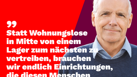 247 rüdiger sharepic lang Zitatbild mit Rüdiger Lötzer, dem linken Sprecher für Soziales in der BVV. Dort steht: "Statt Wohnungslose in Mitte von einem Lager zum nächsten zu vertreiben, brauchen wir endlich Einrichtungen, die diesen Menschen helfen, wieder selbständig ihr Leben zu gestalten."