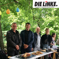 Gruppenfoto von der Standbetreuung beim Sommer- und Kinderfest im Jugendpark der WBM. Der Tisch ist mit leckerem selbst gemachten Kuchen bedeckt. Zu sehen sind die Bezirksverordneten Thilo Urchs, Leonard Diederich, Sven Diedrich und unsere Fraktionsmitarbeitende Rosa Schick. Im Hintergrund ist es sehr grün, alle Bäume und Sträucher tragen Blätter. Oben Links ist das Logo der Fraktion DIE LINKE. In der BVV Berlin-Mitte eingefügt.