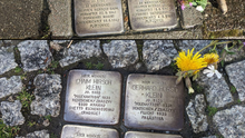 Bildmontage: Frisch gereinigte Stolpersteine in Berlin-Mitte, jeweils mit kleinen Blumen. Sie erinnern an Isaak Lindenberger, Nathan Lindenberger, Dora Lindenberger, Hanni Meyer, Gerhard Meyer, Chaim Hirsch Klein, Gerhard Horst Klein, Werner Günter Klein und Lina Klein. Weitere Informationen finden sich auf der Webseite stolpersteine-berlin.de Die jeweiligen Steine sind im Beitrag auf unserer Webseite verlinkt.