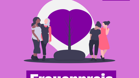 Eine lizenzfreie Illustration von Undraw, die 4 Frauen und ein violettes Herz zeigt. Darunter steht weiß auf violett: Frauenpreis für Mitte!