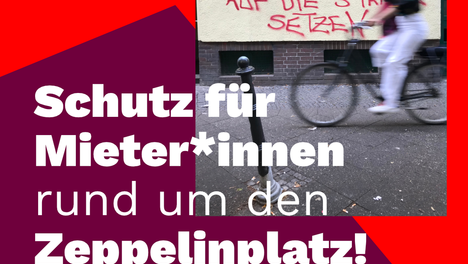 Grafik. Dort steht "Schutz für Mieter*innen rund um den Zeppelinplatz! Die Lücke im Milieuschutzgebiet schließen".Als grafisches Element ist auch ein Stockfoto auf dem eine Person an einem Graffiti vorbeiradelt. Dort steht "Spekulanten auf die Straße setzen!".