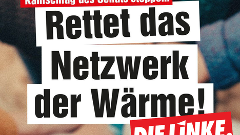 Grafik auf Basis eines Stockfotos von mehreren Händen, die ineinandergreifen. Dadrüber steht in einer Textbox "Kahlschlag des Senats stoppen: Rettet das Netzwerk der Wärme"