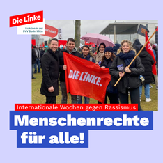 Foto mit Bezirksverordneten der Linken in der BVV Mitte während der Großdemo gegen Rassismus am 03. Februar. Darunter steht: „Internationale Wochen gegen Rassismus. Menschenrechte für Alle!“