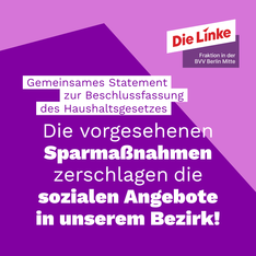 haushaltspm Textgrafik. Dort steht: Die vorgesehenen Sparmaßnahmen zerschlagen die sozialen Angebote in unserem Bezirk!"