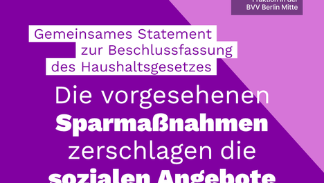 Textgrafik. Dort steht: Die vorgesehenen Sparmaßnahmen zerschlagen die sozialen Angebote in unserem Bezirk!"