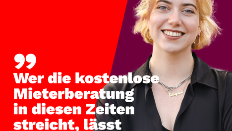 mieterberatung milieuschutz sharepic Zitatmontage unserer Sprecherin für Wohnen – Martha Kleedörfer. Neben einem ausgeschnitten Halbportraitfoto auf rotem Hintergrund steht: „Wer die kostenlose Mieterberatung in diesen Zeiten streicht, lässt die Mieter*innen im Stich!“