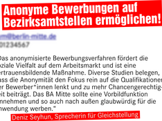 annonyme Bewerbung_unscharf Grafik. Im Hintergrund ist ein fiktionales verschwommenes Bewerbungsschreiben zu sehen. Davor steht als Überschrift: „Anonyme Bewerbungen auf Bezirksamtstellen ermöglichen!“. Darunter steht in einer Textbox „Das anonymisierte Bewerbungsverfahren fördert die soziale Vielfalt auf dem Arbeitsmarkt und ist eine vertrauensbildende Maßnahme. Diverse Studien belegen, dass die Anonymität den Fokus rein auf die Qualifikationen der Bewerber*innen lenkt und zu mehr Chancengerechtig-keit beiträgt. Das BA Mitte sollte eine Vorbildfunktion einnehmen und so auch nach außen glaubwürdig für die Anwendung werben– Deniz Seyhun, Sprecherin für Gleichstellung“
