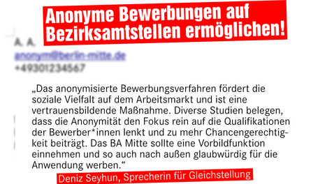 annonyme Bewerbung_unscharf Grafik. Im Hintergrund ist ein fiktionales verschwommenes Bewerbungsschreiben zu sehen. Davor steht als Überschrift: „Anonyme Bewerbungen auf Bezirksamtstellen ermöglichen!“. Darunter steht in einer Textbox „Das anonymisierte Bewerbungsverfahren fördert die soziale Vielfalt auf dem Arbeitsmarkt und ist eine vertrauensbildende Maßnahme. Diverse Studien belegen, dass die Anonymität den Fokus rein auf die Qualifikationen der Bewerber*innen lenkt und zu mehr Chancengerechtig-keit beiträgt. Das BA Mitte sollte eine Vorbildfunktion einnehmen und so auch nach außen glaubwürdig für die Anwendung werben– Deniz Seyhun, Sprecherin für Gleichstellung“