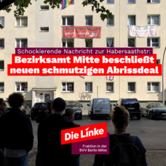 Foto von den umkämpften Häusern in der Habersaathstraße, einige Mitglieder der Linksfraktion Berlin sind zu sehen. Als Überschrift ist steht dort per Montage: „Schockierende Nachricht zur Habersaathstr: Bezirksamt Mitte beschließt neuen schmutzigen Abrissdeal“